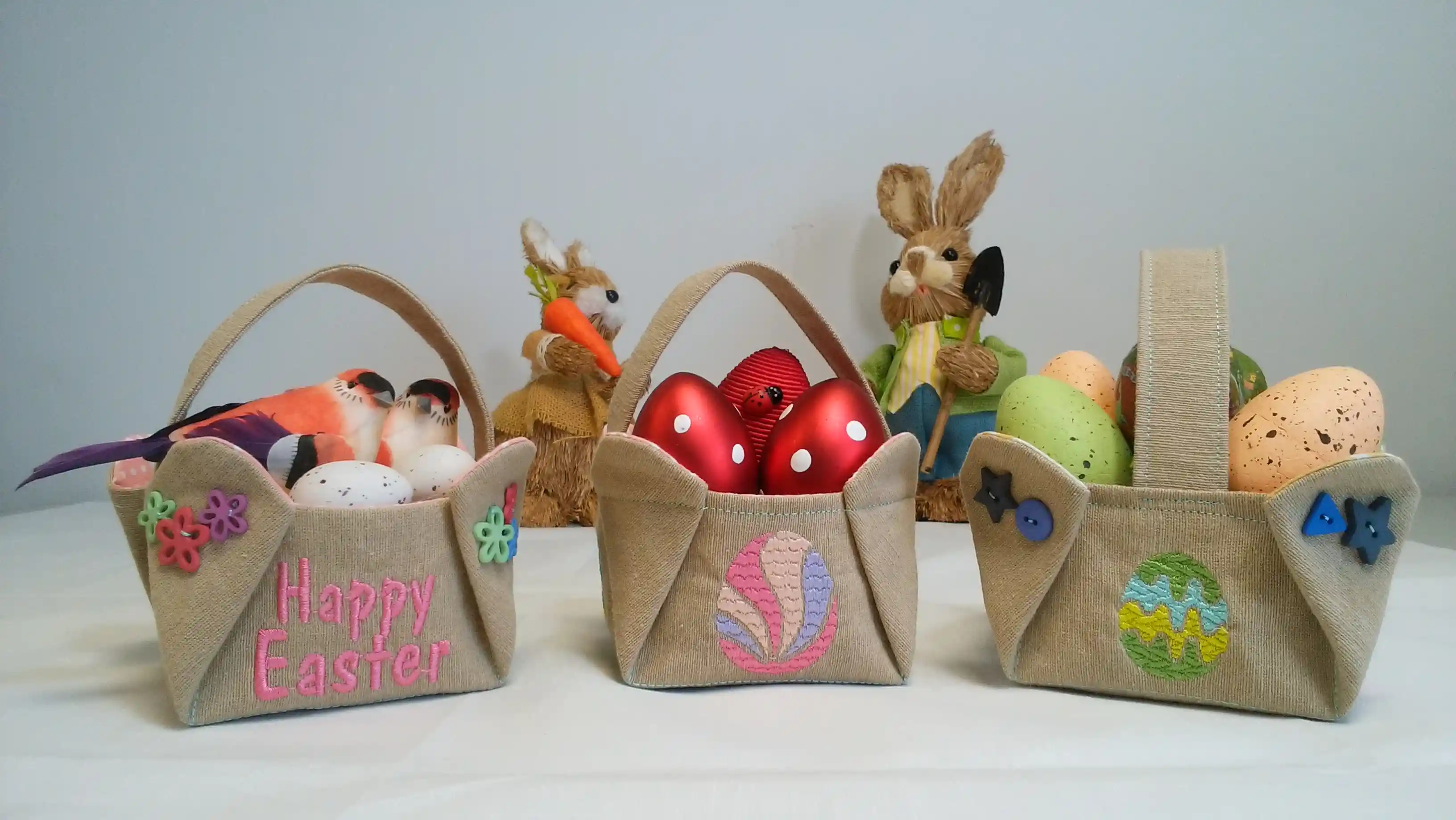 Create an adorable Easter fabric basket with embroidered eggs in minutes 2 Easter basket with bunnies