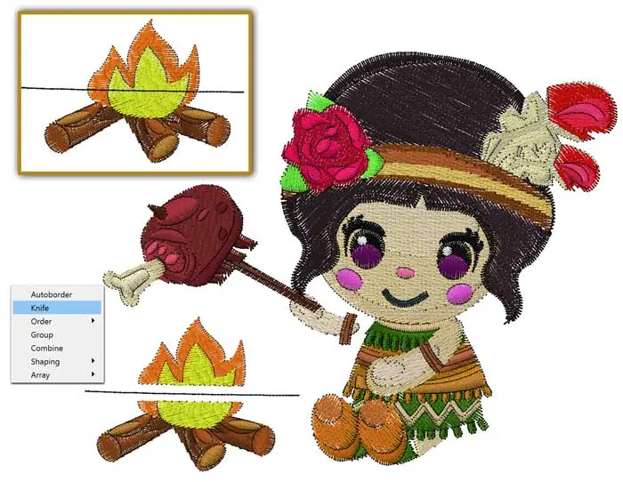 DRAWings PRO XII embroidery software 15 Split objects with the new knife cut tool