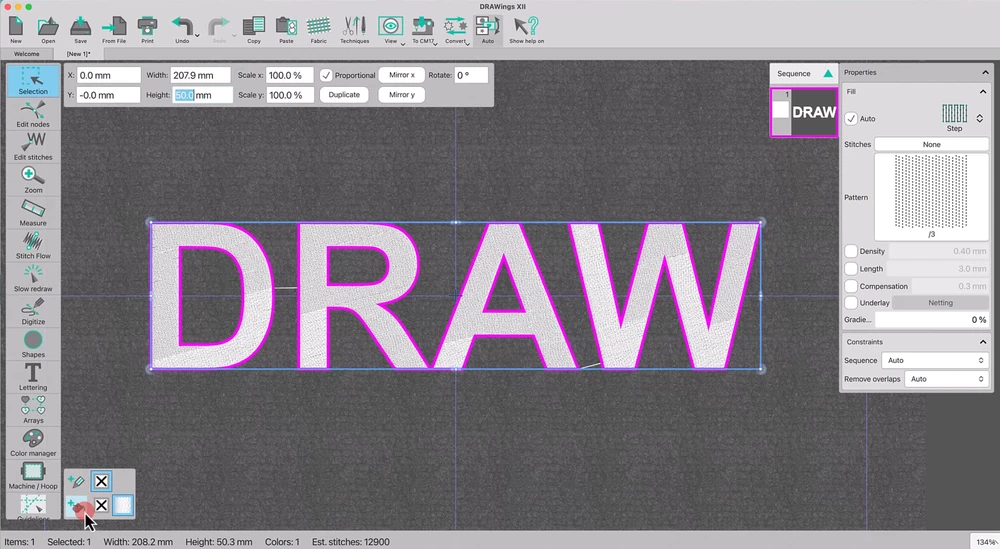 How to Elevate Your 3D Foam Embroidery with Custom Textured Patterns 13 a screenshot of the word "DRAW" typed out in the software with the 50.0mm height settings visible in the Tool Options pane.