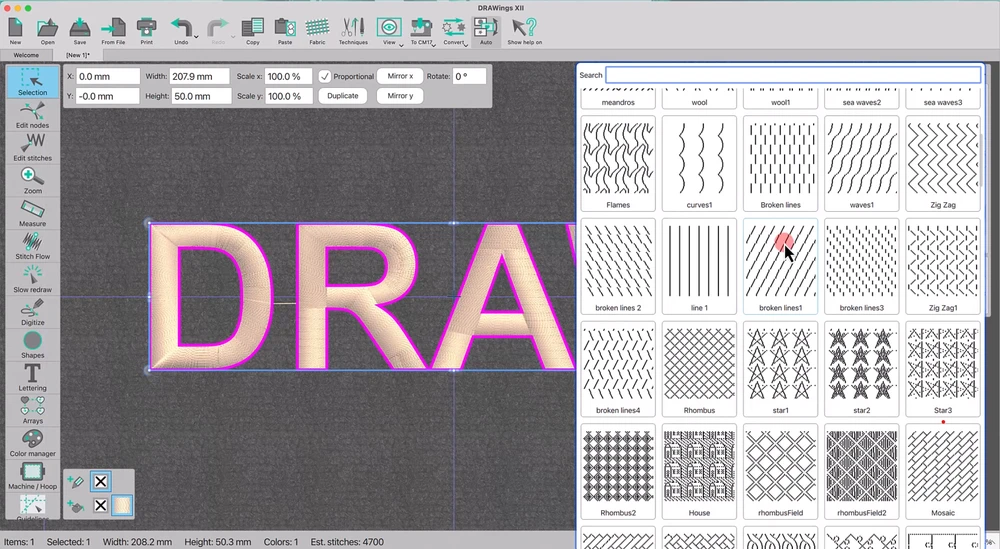 How to Elevate Your 3D Foam Embroidery with Custom Textured Patterns 14 the Pattern selection library open, showing the variety of patterns with the cursor hovering near "sea waves3"