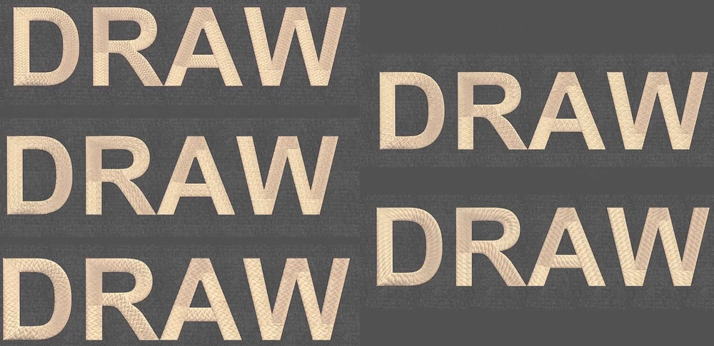 How to Elevate Your 3D Foam Embroidery with Custom Textured Patterns 20 wide shot showing all the different pattern variations of the word "DRAW" stitched out on the dark fabric