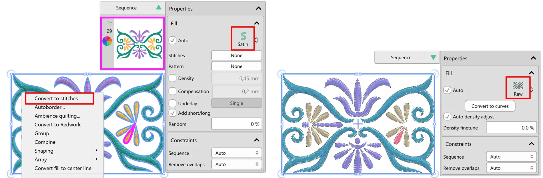 Convert vector-based objects to raw stitches for accurate stitch editing 