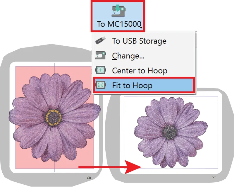 Fit the embroidery design in the hoop automatically 