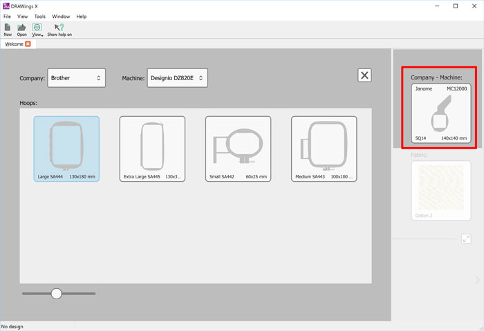 Set default embroidery machine and hoop